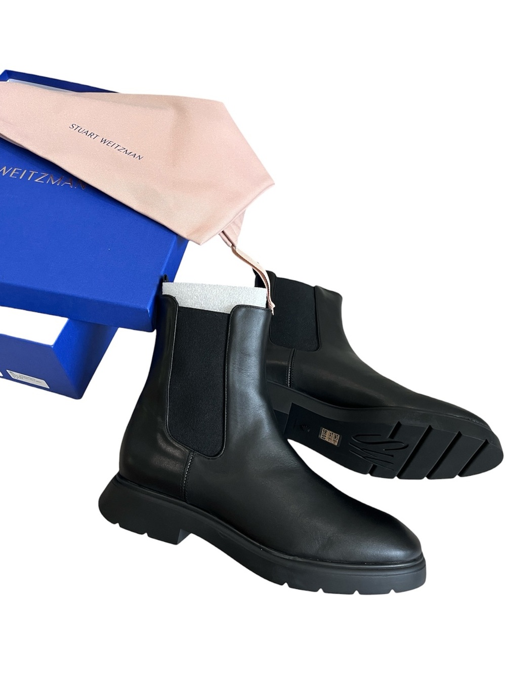 Stuart Weitzman McKenzee Black Calf Leather Chelsea Boots Shoes Women 9 39.5 NIB